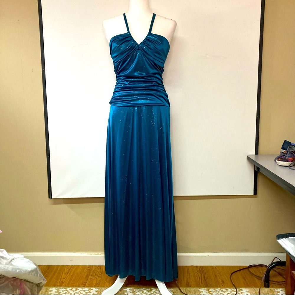 90s Prom Teal Ruched V Neck Long Formal Dress Size Medium